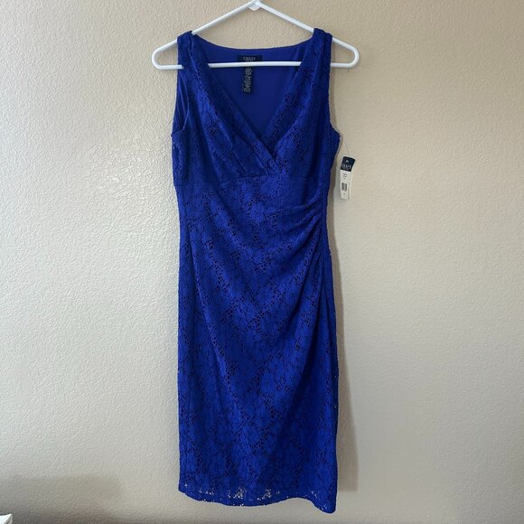 Chaps Women's Dress Size 6 Blue Lace Lined Ruched Sleeveless Kneelength NWT - Picture 1 of 6